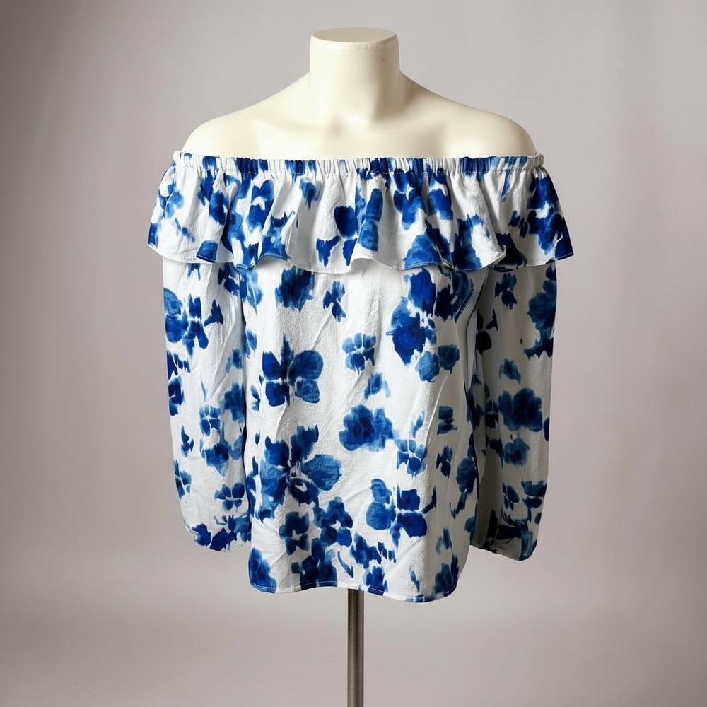 Michael Kors Blue White Floral Off Shoulder Ruffle Blouse Size M